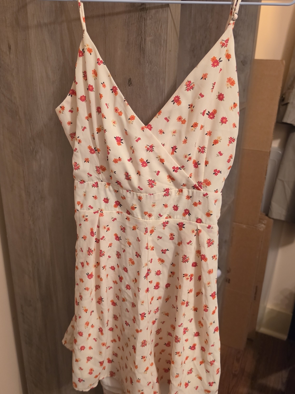 Altar'd State Cream Floral Wrap Romper with Pink and Orange Blooms